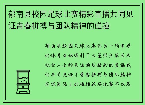 郁南县校园足球比赛精彩直播共同见证青春拼搏与团队精神的碰撞